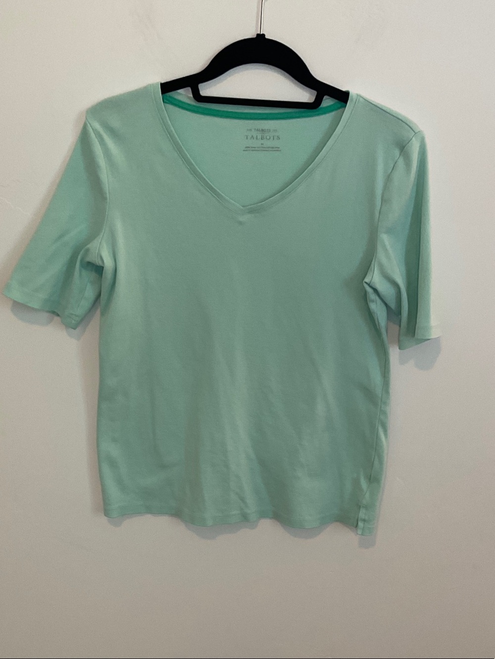 Talbots Seafoam Green V-Neck Short Sleeve Tee, 100% Pima Cotton, Size Medium